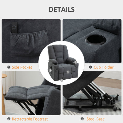 HOMCOM Oversized Riser and Recliner Chairs for the Elderly, Fabric Upholstered Lift Chair for Living Room with Remote Control, Side Pockets, Cup Holder, Charcoal Grey 