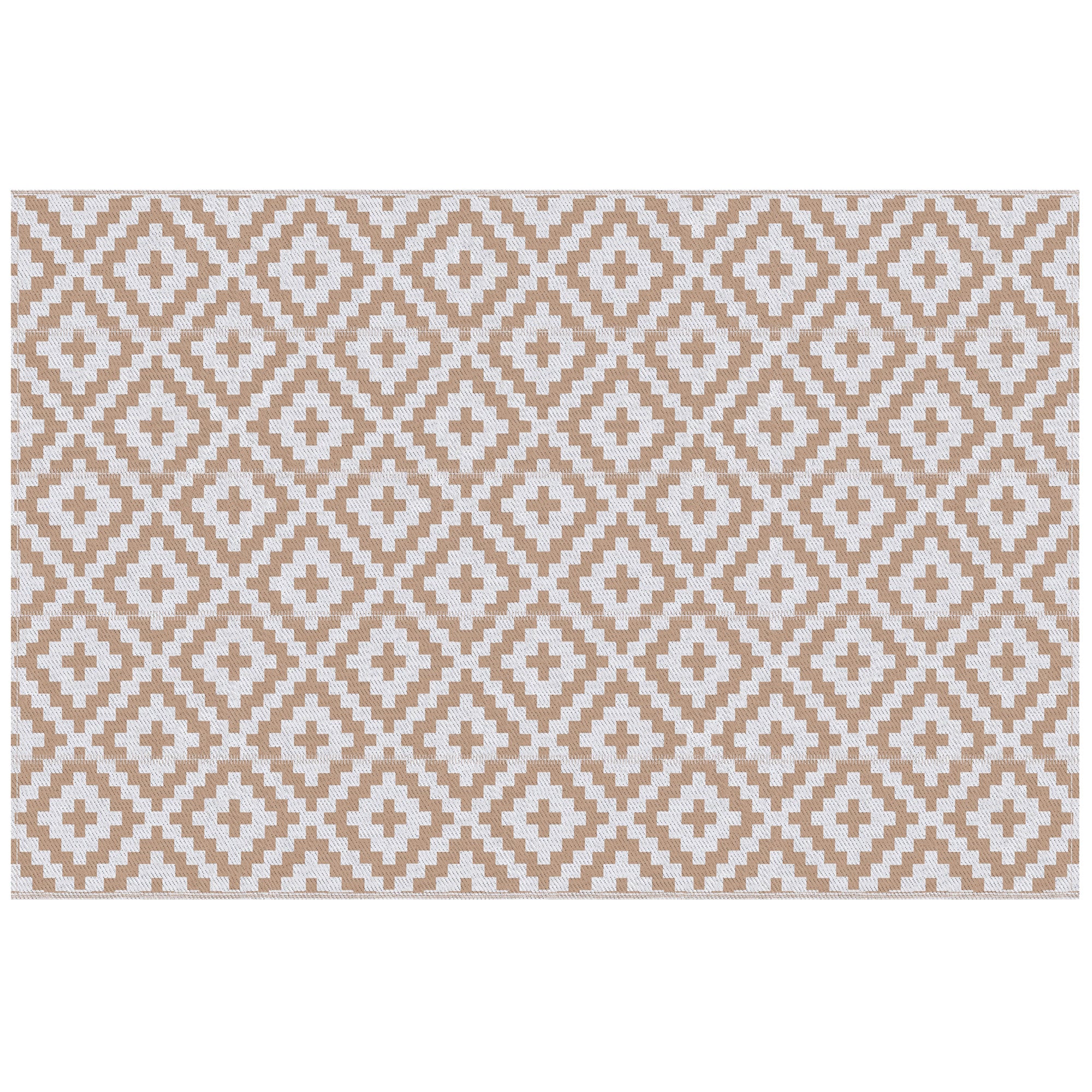 Outsunny Reversible Outdoor RV Rug, Patio Floor Mat, 274 x 182 cm Plastic Straw Rug for Garden, terrace, Beach, Camping, Coffee & White 