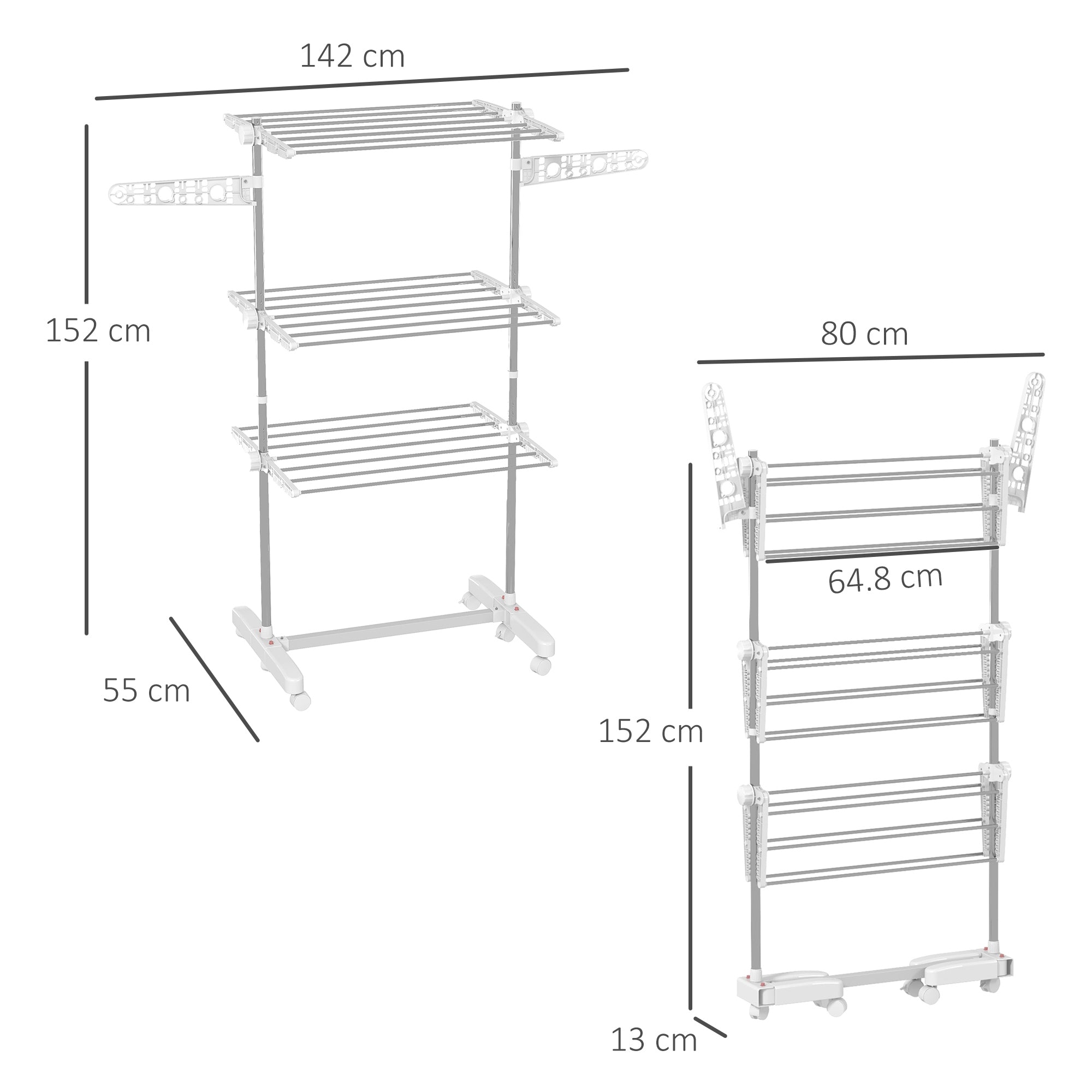 HOMCOM 3-Tier Clothes Airer, Stainless Steel Foldable Clothes Drying Rack with Wheels and Wings, Indoor and Outdoor, Easy Assembly, 142 x 55 x 152cm, White 