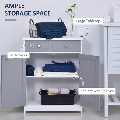 kleankin 75x60cm Freestanding Bathroom Storage Cabinet Unit w/ 2 Drawers Cupboard Adjustable Shelf Metal Handles Traditional Style Grey White 