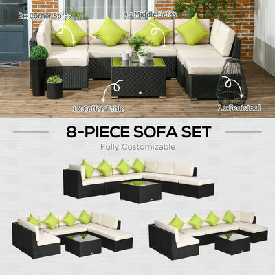 Outsunny 8 Pieces PE Rattan Corner Sofa Set, Outdoor Garden Furniture Set, Patio Wicker Sofa Seater w/ Cushion, Washable Cushion Cover & Tempered Glass Table, Black 
