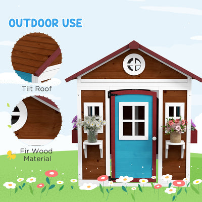 Outsunny Wooden Playhouse with Doors, Windows, Plant Pots, Boxes, for 3-8 Years - Dark Brown 