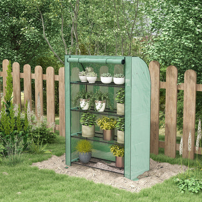 Outsunny 4 Tier Mini Greenhouse with Reinforced PE Cover, Portable Indoor Outdoor Green House with Roll-up Door and Wire Shelves, 170H x 120W x 50Dcm, Green 