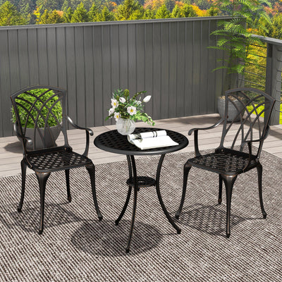 Outsunny 3 Pieces Garden Dining Set for 2, Cast Aluminium Outdoor Dining Set with 2 Armchairs and Round Dining Table with Parasol Hole, Garden Furniture Set, Bronze Tone 