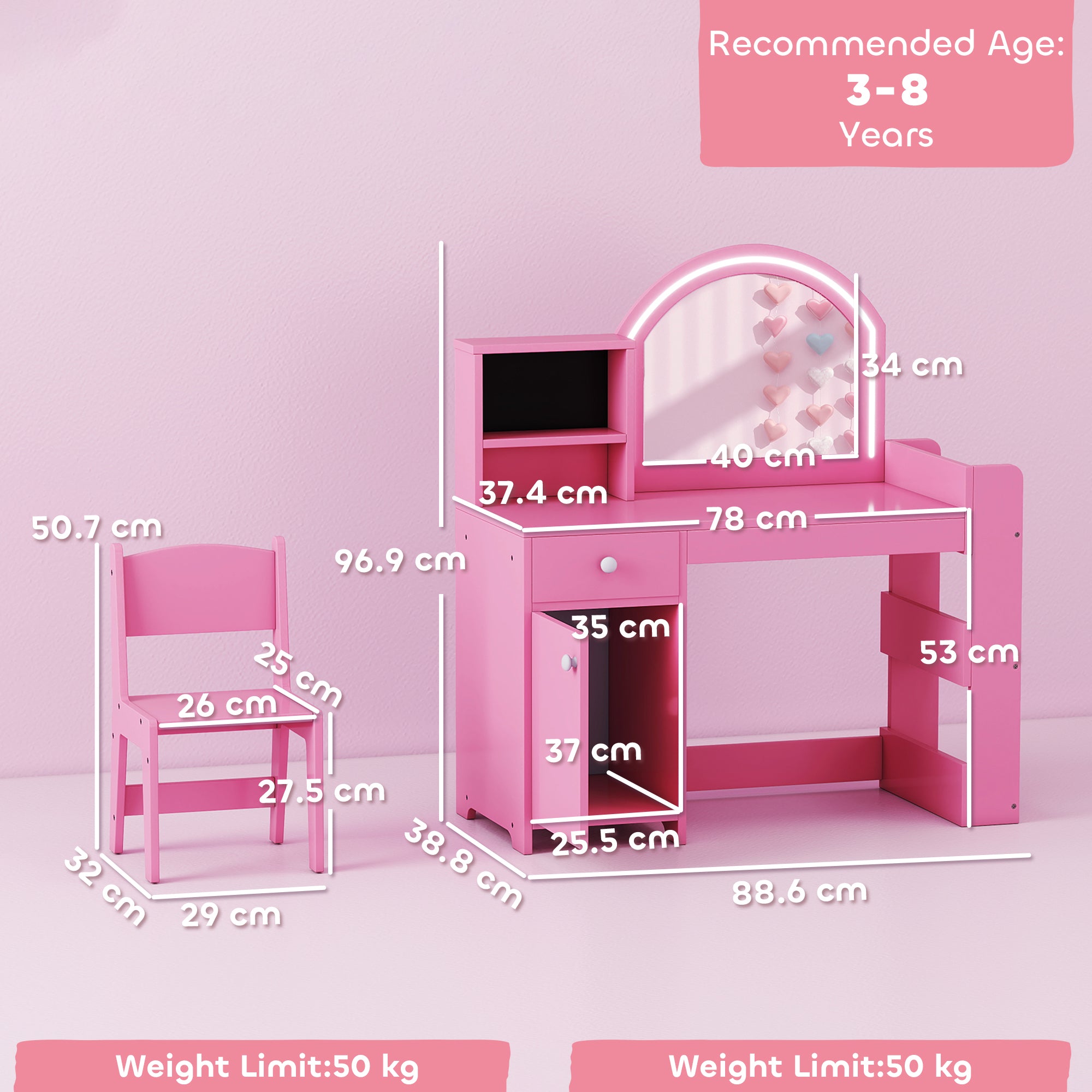AIYAPLAY Kids Vanity Table and Chair Set, Girls Dressing Table with 2-Colour LED Mirror, Stool, Cabinet, Drawer, Shelves, Pink 