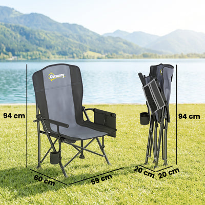 Outsunny Padded Camping Chair Adults Heavy Duty Folding Chair Side Pocket Cup Holder Carry Bag Outdoor Black 
