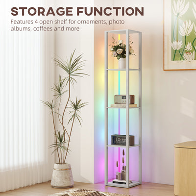 HOMCOM RGB LED Floor Lamp with Shelves, Modern Dimmable Standing Lamp with Remote Control, Adjustable Brightness & Speed for Living Room, Bedroom, Office, Grey 