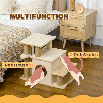 PawHut Adjustable Cat Steps, with House & Hanging Toy Ball - Beige 