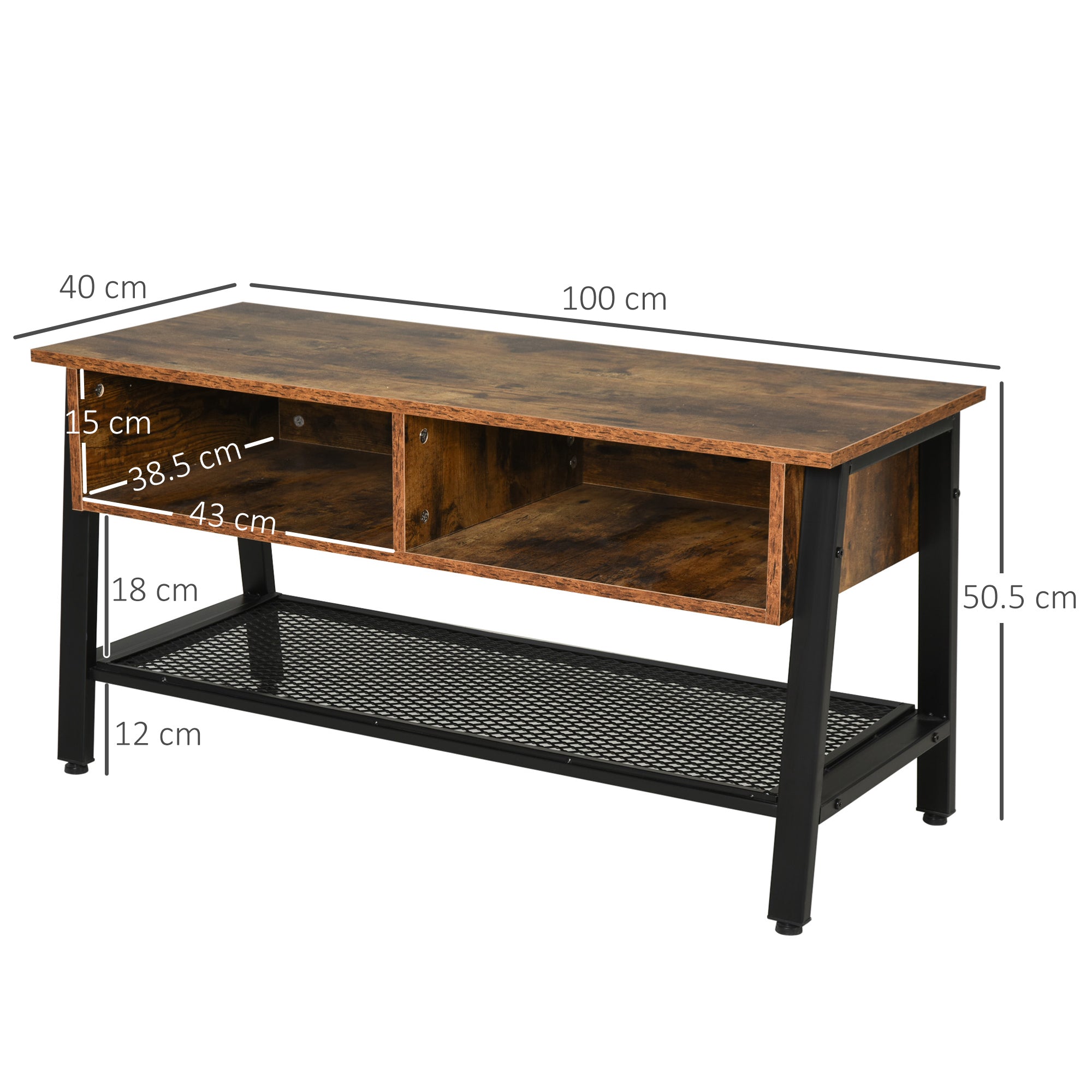 HOMCOM TV Stand Cabinet, Industrial TV Unit for TVs up to 45", 100cm TV Cabinet with 2 Open Compartments and Mesh Bottom Shelf for Living Room, Rustic Brown 