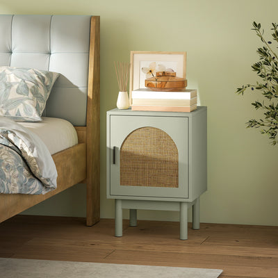 HOMCOM Rattan Bedside Table for Bedroom - Light Green 