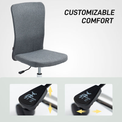 HOMCOM Armless Computer Desk Chair, Fabric Swivel Office Chair, Makeup Vanity Chair with Height Adjustable, Wheels, for Home Study Bedroom, Grey 