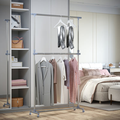 HOMCOM Heavy Duty Clothes Hanger Garment Rail Hanging Display Stand Rack w/ Wheels Adjustable 