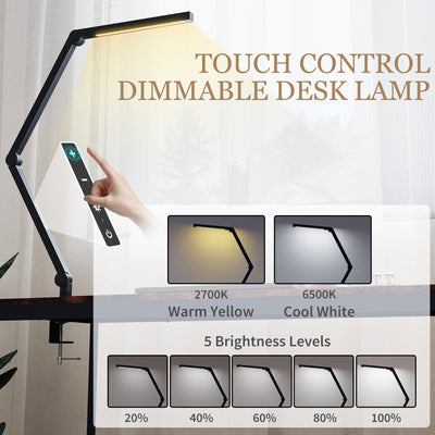 HOMCOM LED Desk Lamp, Dimmable Desk Light with Swing Arm and Clamp, Adjustable Eye-Caring Table Lamp with 2 Colour Modes & 5 Brightness Levels for Study, Drawing, Office, Architect, Task, Black 