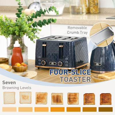 HOMCOM Kettle and Toaster Set, 1.7L 3000W Fast Boil Jug Kettle with Auto Shut Off, 4 Slice Toaster with 7 Level Browning Controls & Crumb Tray, Blue 