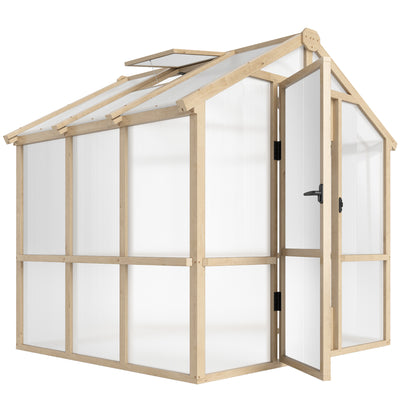 Outsunny 6.6 x 6ft Polycarbonate Greenhouse, Walk-in Wooden Greenhouse with Lockable Door and Window, Garden Plants Grow House, Brown 