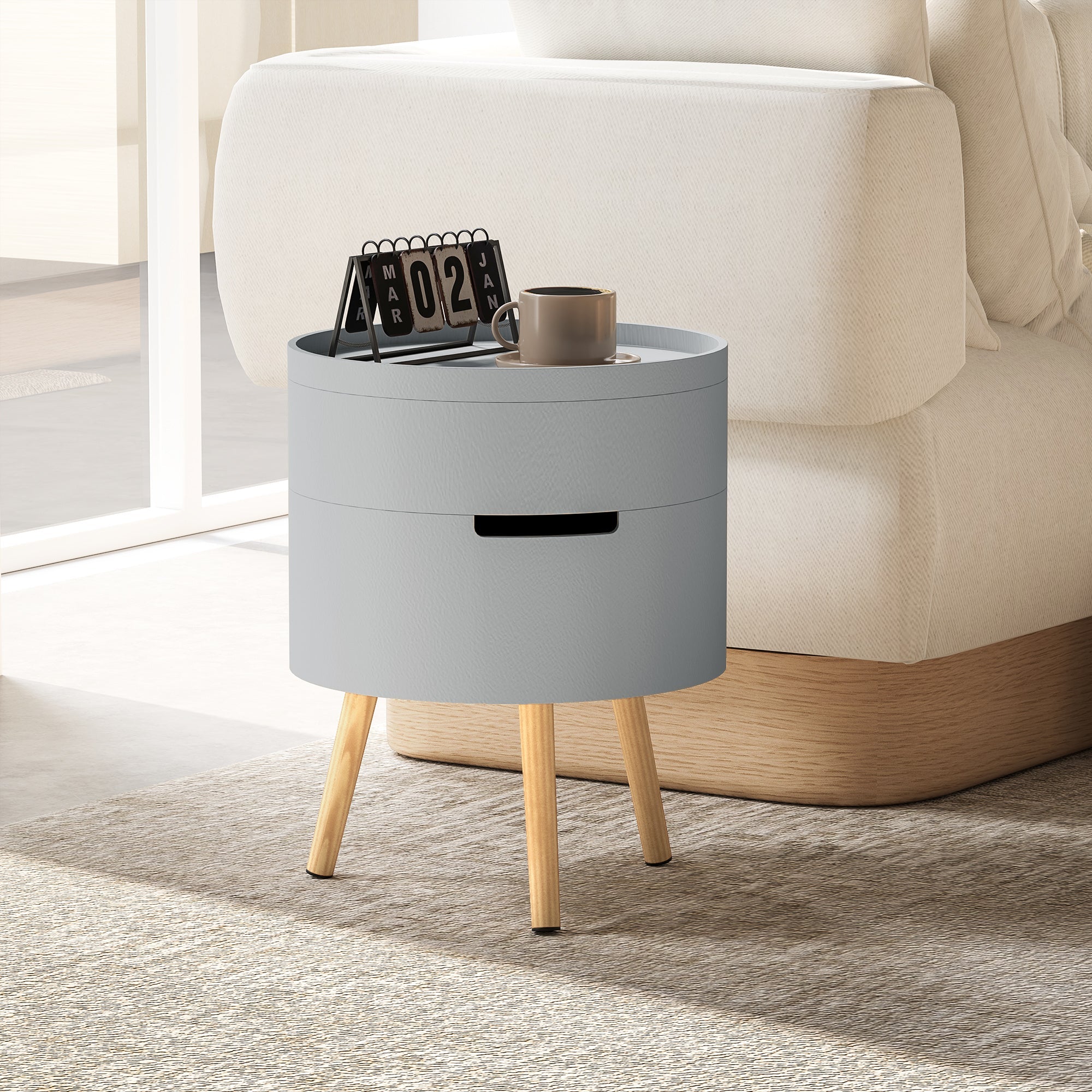 HOMCOM 3-Tier Coffee Table, Round End Table with 2 Hidden Compartments and Detachable Tray, Side Table with Storage for Living Room, Grey 