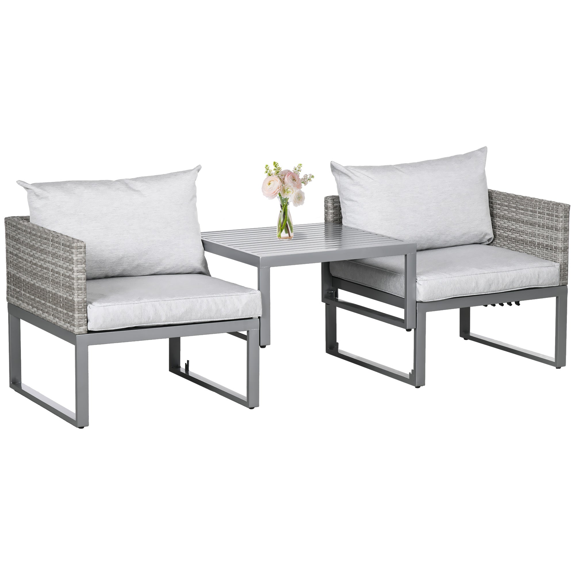 Outsunny 3-in-1 Rattan Bistro Set, Wicker Garden Furniture Set with 2-level Rising Table, Adjustable 3-seater Sofa Lounger with Washable Cushions for Outdoor, Patio, Balcony, Grey 