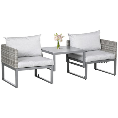 Outsunny 3-in-1 Rattan Bistro Set, Wicker Garden Furniture Set with 2-level Rising Table, Adjustable 3-seater Sofa Lounger with Washable Cushions for Outdoor, Patio, Balcony, Grey 