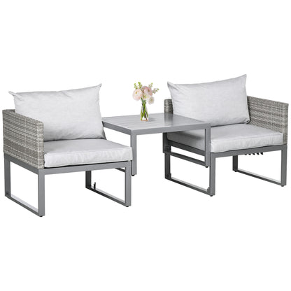 Outsunny 3-in-1 Rattan Bistro Set, Wicker Garden Furniture Set with 2-level Rising Table, Adjustable 3-seater Sofa Lounger with Washable Cushions for Outdoor, Patio, Balcony, Grey 