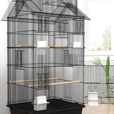 PawHut Metal Bird Cage with Plastic Swing, Perch, Food Container, Tray, Handle, for Finches, Canaries, 43 x 32.5 x 104cm 