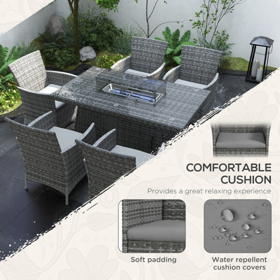 Outsunny 7 Pieces Outdoor Rattan Garden Furniture with Fire Pit Table, 6 Seater Garden Table and Chairs with Cushions, Rattan Dining Set with Propane Heater Table, Windscreen, 50,000 BTU, Grey 