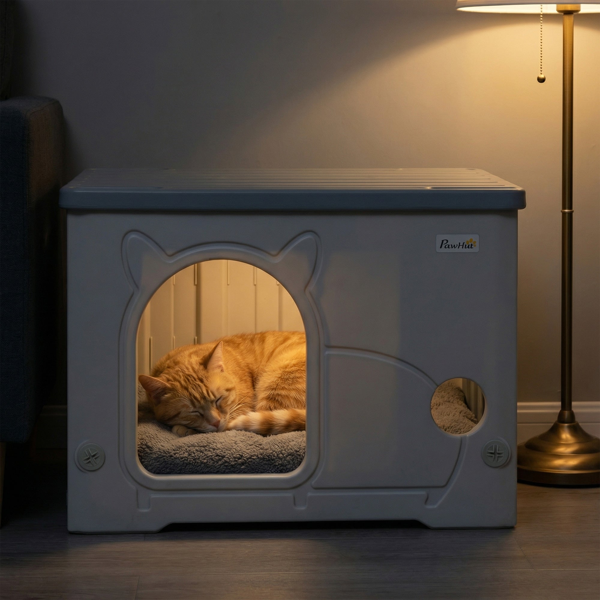PawHut Cat House Stackable Pet Shelter with Removable Cushion for Indoor Outdoor Use Grey 