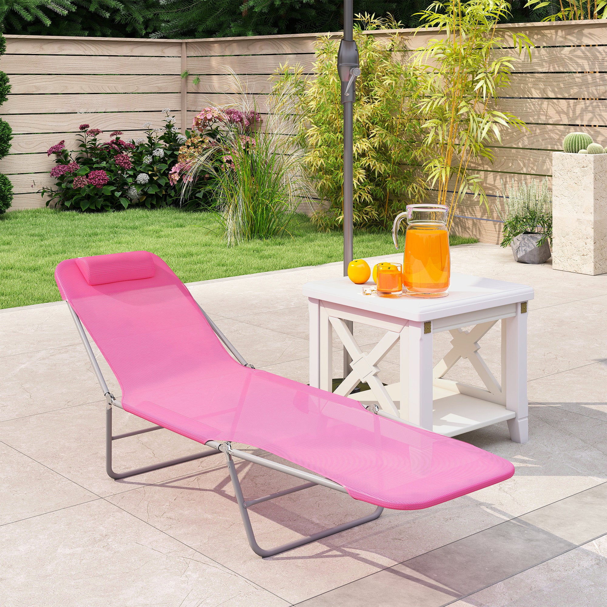 Outsunny Folding Sun Lounger with Head Pillow - Pink 