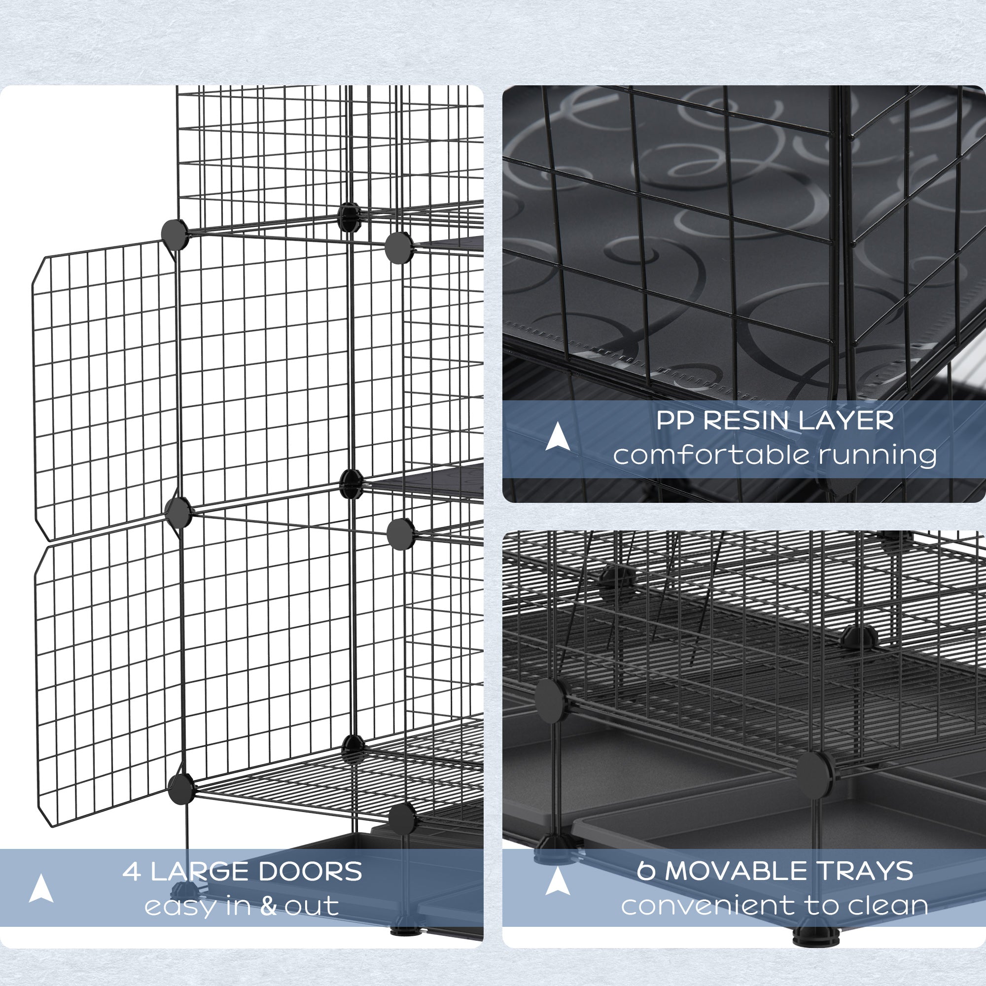 PawHut 3 Level DIY Pet Playpen Metal Small Animal Cage Rabbit Ferret Chinchillas Cage 4 Doors Bottom Trays Black 