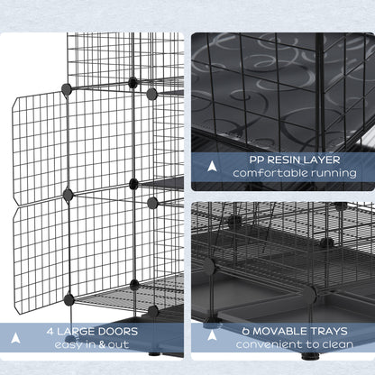PawHut 3 Level DIY Pet Playpen Metal Small Animal Cage Rabbit Ferret Chinchillas Cage 4 Doors Bottom Trays Black 