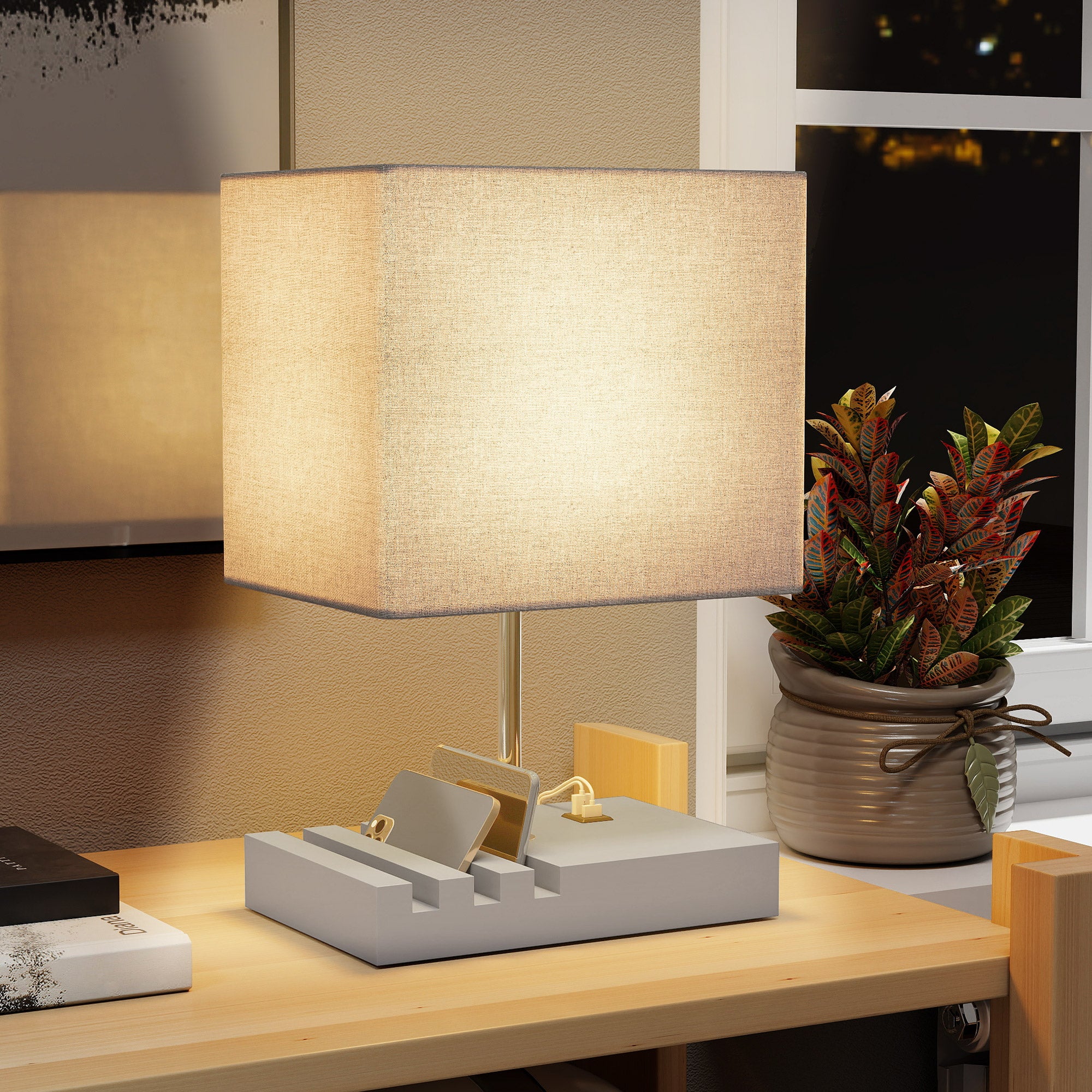 HOMCOM Bedside Lamp with USB A+C Charging Ports and 3 Phone Stands, Modern Table Lamp with Solid Wood Base and Fabric Shade for Bedroom Living Room Office, E27 Socket, Bulb Not Included, Grey 