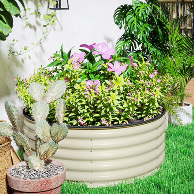 Outsunny Galvanised Raised Garden Bed with Safety Edging, Outdoor Raised Planter Box with Gloves, 120 x 120 x 43cm, Cream White 