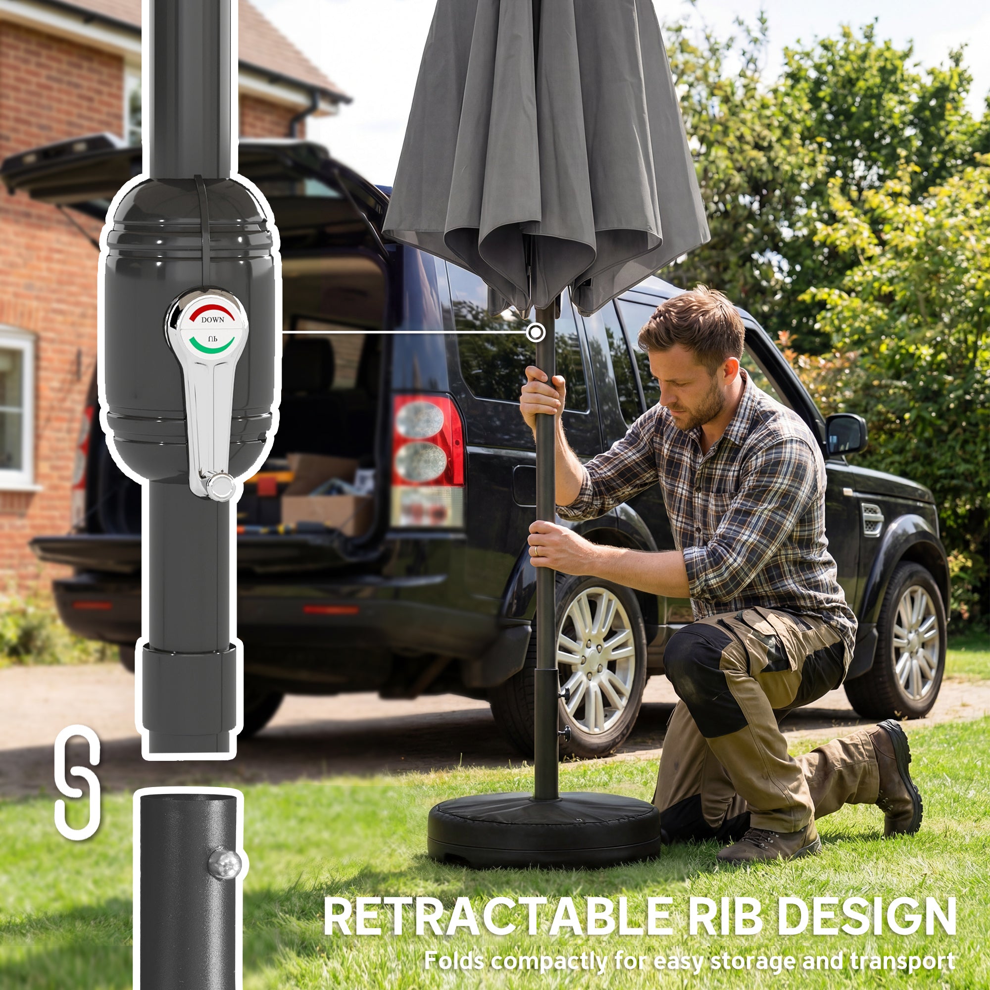 Outsunny 2.7 m Garden Parasol Umbrella with Cross Base and Sandbag, Retractable Ribs, Outdoor Table Market Umbrella, Light Grey 