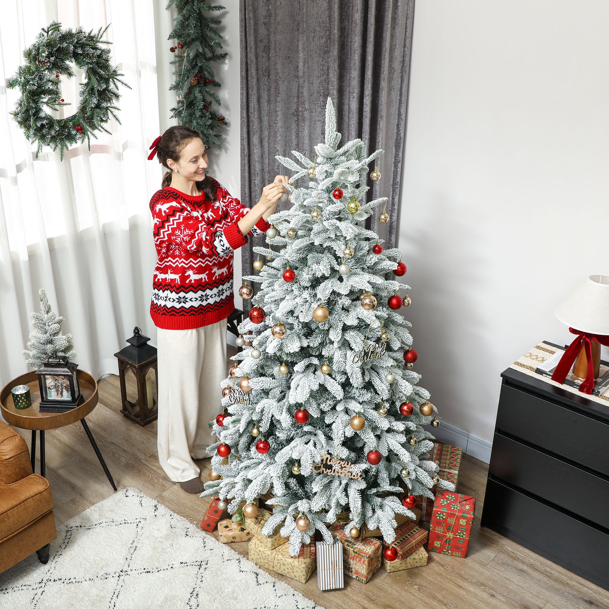 HOMCOM 6 ft Artificial Flocked Christmas Tree with 1182 Branches, Hinged Xmas Tree with Foldable Metal Stand, Easy Assembly for Home Office Decor