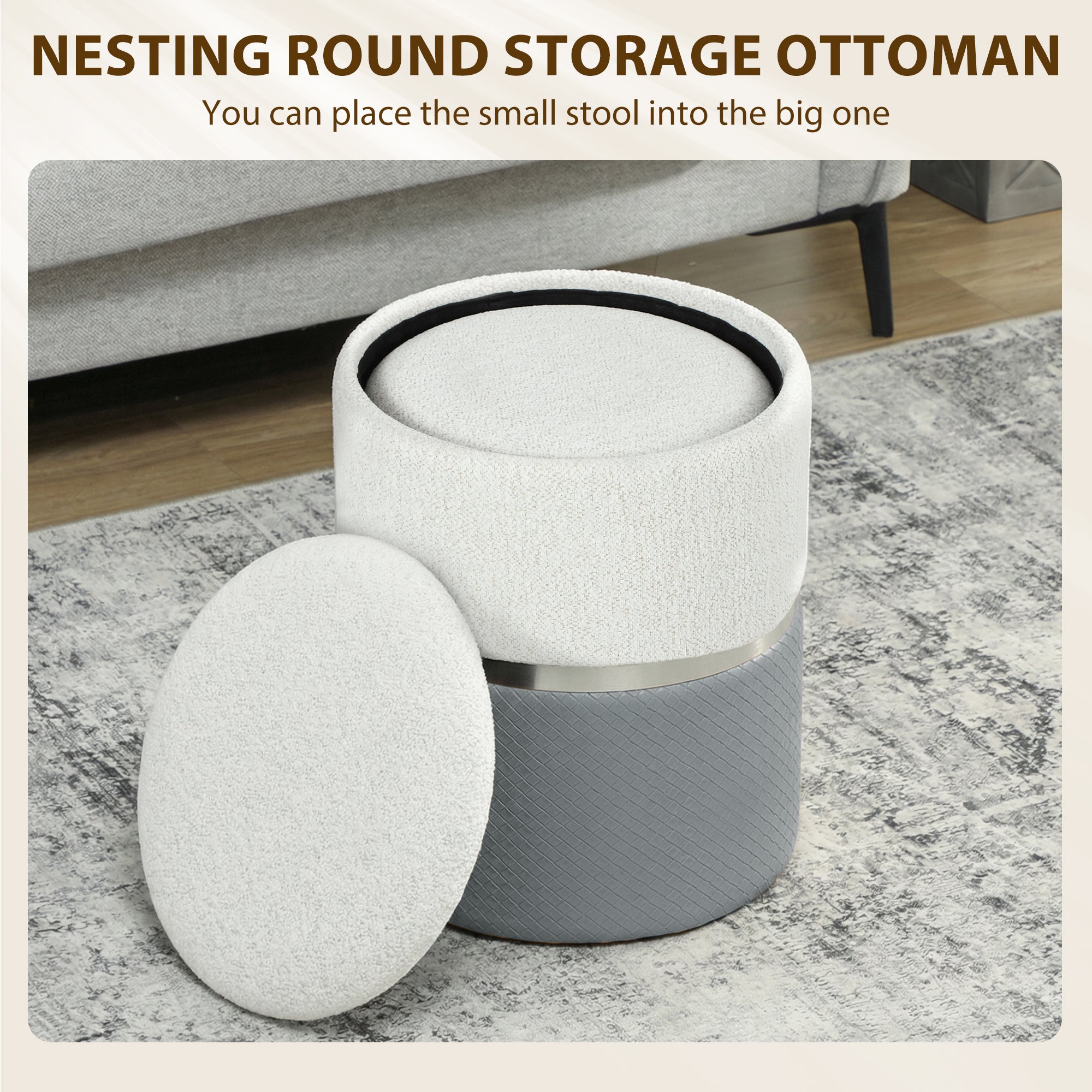 HOMCOM Nesting Round Ottoman with Storage Set of 2 - Cream/Grey 