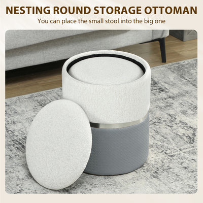 HOMCOM Nesting Round Ottoman with Storage Set of 2 - Cream/Grey 