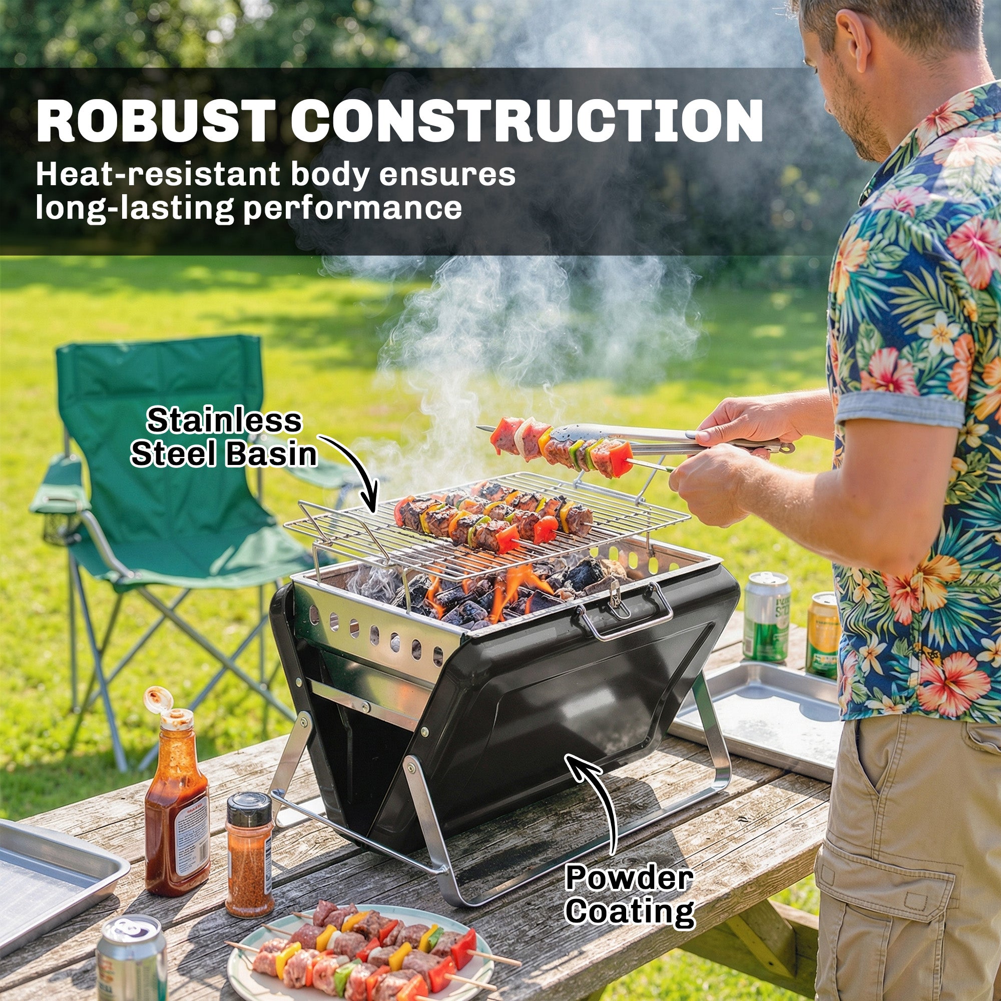 Outsunny Charcoal BBQ Grill Portable Stainless Steel Barbecue with Tilting Grate for Camping Picnic Garden Black 