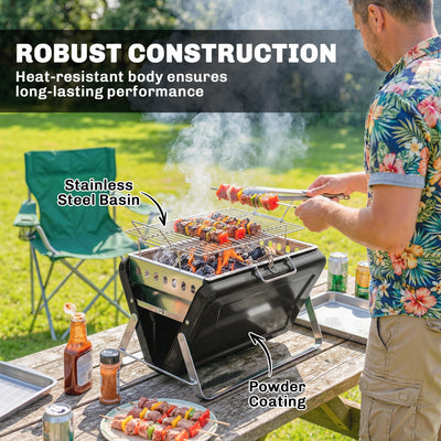 Outsunny Charcoal BBQ Grill Portable Stainless Steel Barbecue with Tilting Grate for Camping Picnic Garden Black 