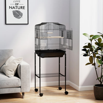 PawHut Bird Cage Budgie Cages for Finch Canary Parakeet with Stand Wheels Slide-out Tray Accessories Storage Shelf, Black 