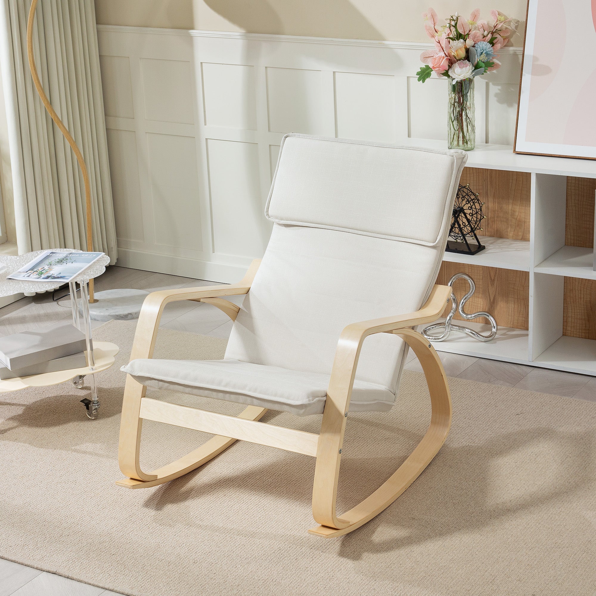HOMCOM Comfortable Relax Rocking Chair, Upholstered Lounge Chair Recliner with High Back and Headrest for Living Room, Bedroom, Cream White 