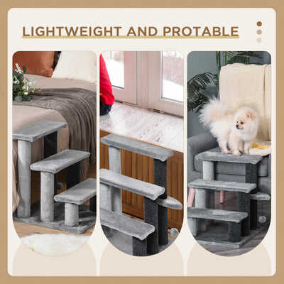 PawHut 3-step Pet Stairs with Scratching Posts, Platforms, Toy Ball, Grey 
