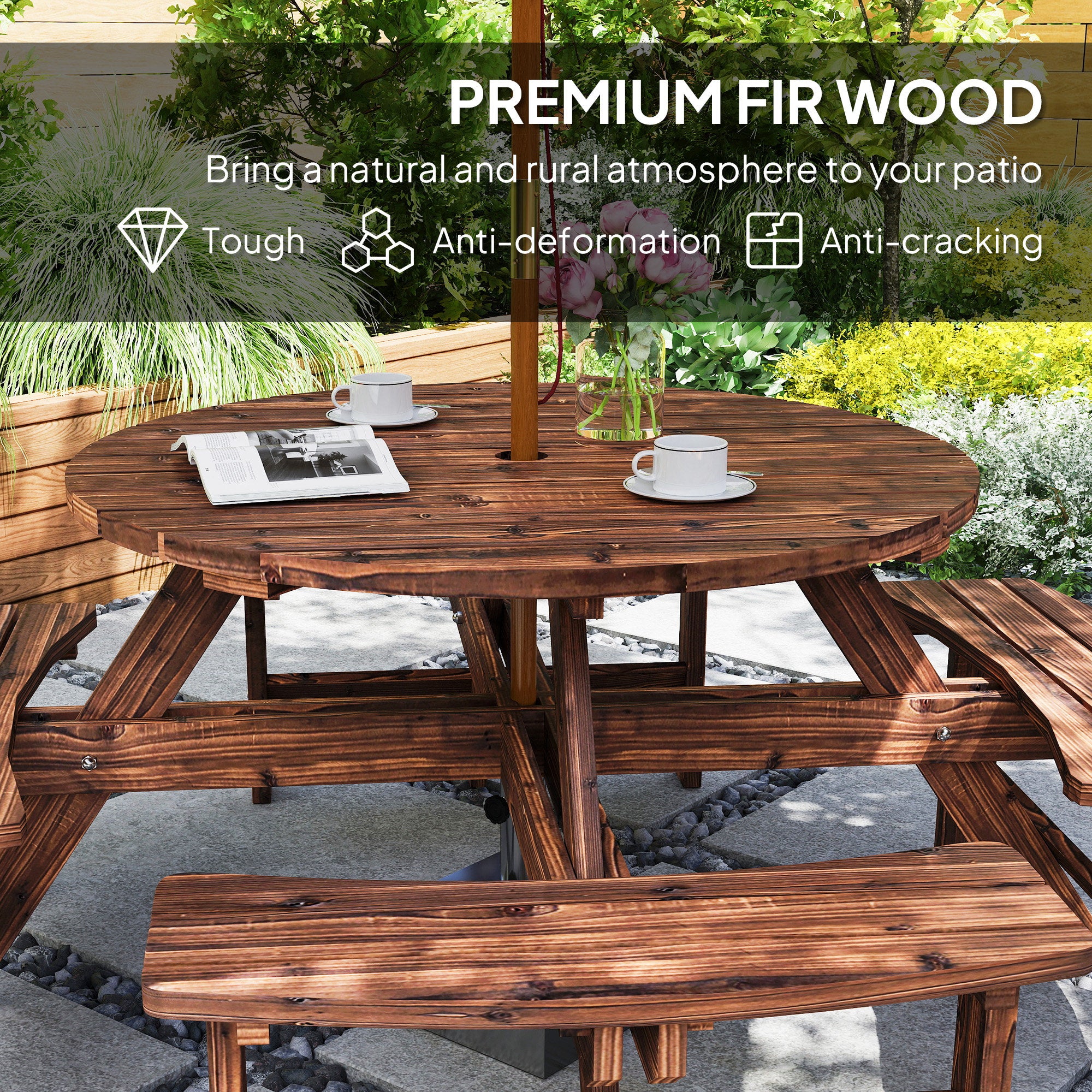 Outsunny Wooden Garden Dining Set, 8 Seater Patio Furniture Set with Round Picnic Table, Parasol Hole for Outdoor Garden, Tan 