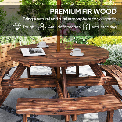 Outsunny Wooden Garden Dining Set, 8 Seater Patio Furniture Set with Round Picnic Table, Parasol Hole for Outdoor Garden, Tan 