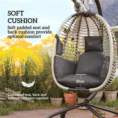Outsunny Outdoor Swing Chair with Thick Padded Cushion, Patio Hanging Chair with Metal Stand, Foldable Basket, Cup Holder, Rope Structure, for Indoor & Outdoor, Dark Grey 