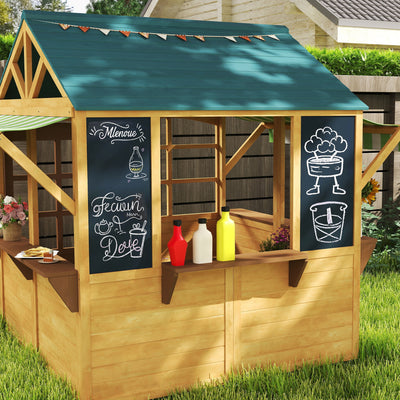 AIYAPLAY Wooden Playhouse for Kids, Foldable Wendy House with Windows, Working Door, Service Stations, Rain Covers, Brown 