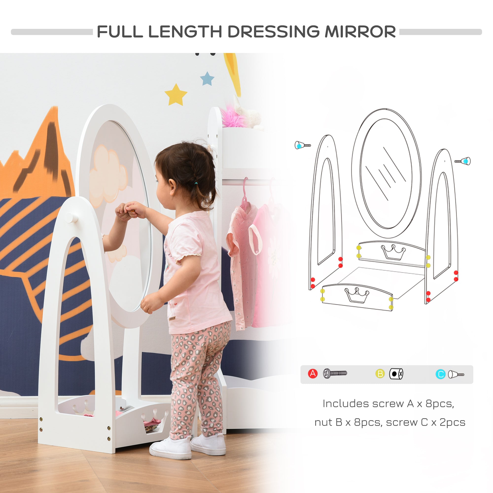 HOMCOM Free Standing Full Length Mirror, Child's Dressing Mirror with storage shelf, Children's White Bedroom Furniture 360° Rotation MDF, For 3- 8 Years Old, 40L x 30W x 104H cm 