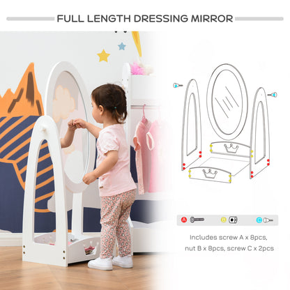HOMCOM Free Standing Full Length Mirror, Child's Dressing Mirror with storage shelf, Children's White Bedroom Furniture 360° Rotation MDF, For 3- 8 Years Old, 40L x 30W x 104H cm 