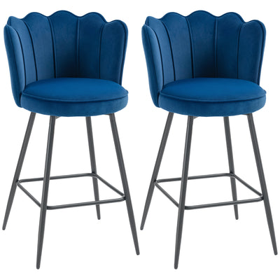 HOMCOM Set of Two Velvet-Feel Lotus Bar Stools - Dark Blue 