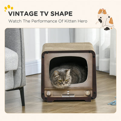 PawHut 2 in 1 TV Shape Cat Scratching Board House with Catnip, for Indoor Cats, Brown 