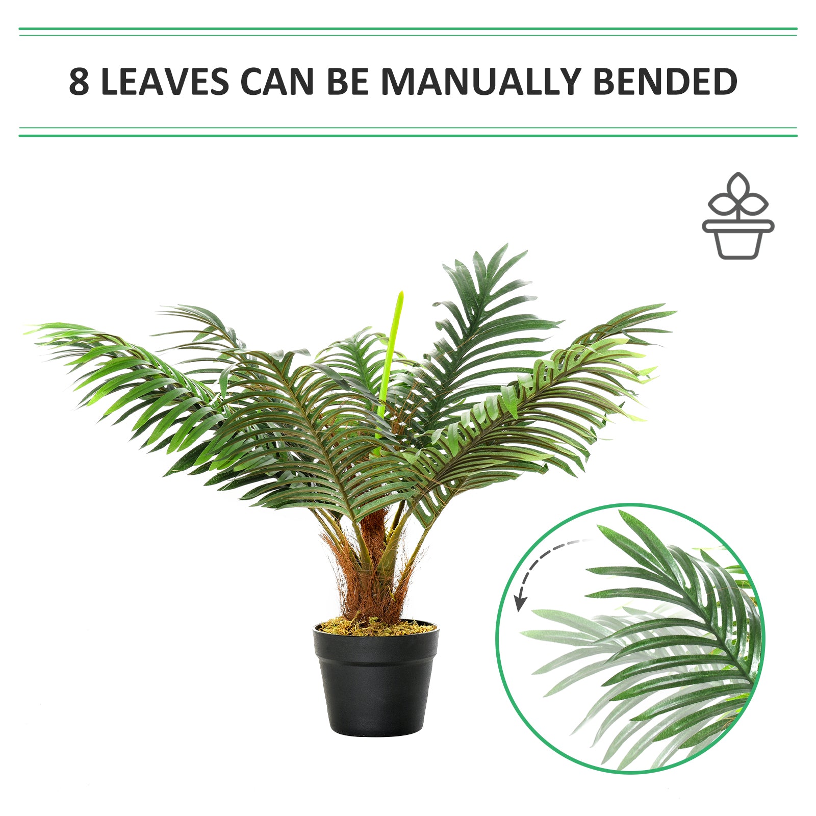 Outsunny 60cm/2FT Artificial Palm Tree Decorative Plant 8 Leaves with Nursery Pot, Fake Tropical Tree for Indoor Outdoor Décor 