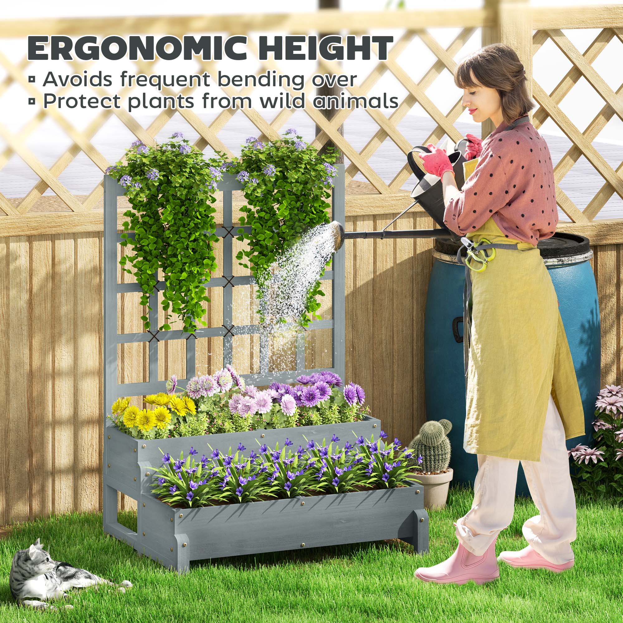 Outsunny 2-Tier Raised Garden Bed with Trellis, Wooden Elevated Planter Box with Drainage Holes, Outdoor Raised Planter for Climbing Plants, Fruits, Vegetables, Flowers, Grey 
